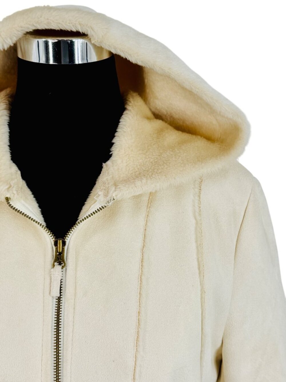 Vintage Hydraulic Hooded Cream Faux Suede & Fur Penny Lane Coat L Y2K 90s Grunge - Picture 4 of 16
